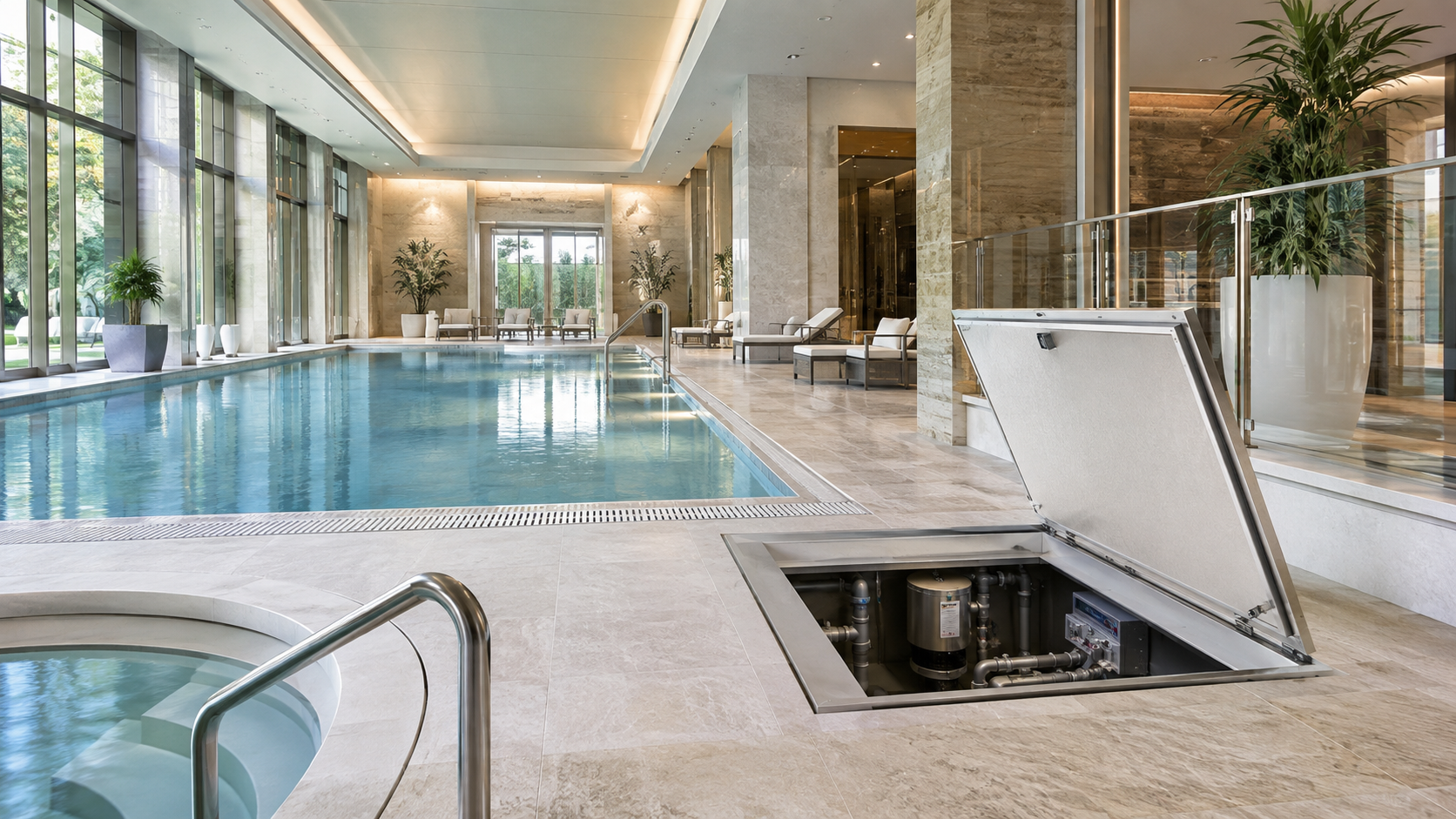 Премиальная гостиничная SPA-зона с бассейном и открытым сервисным доступом к инженерному оборудованию