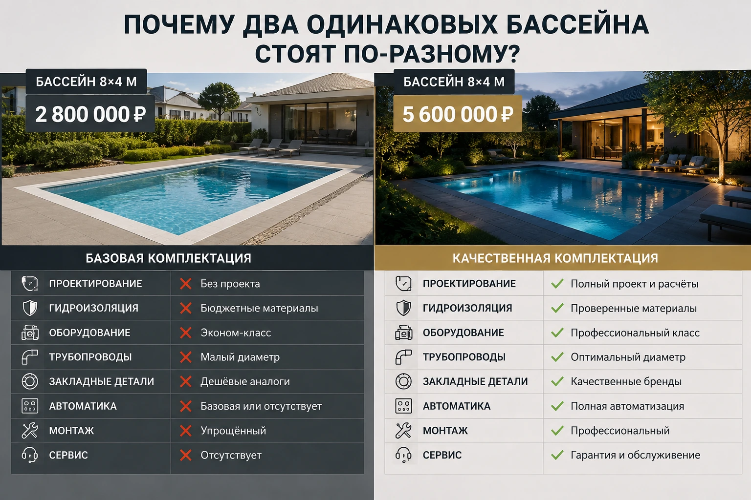 Сравнение базовой и качественной комплектации бассейна 8 на 4 метра